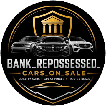 Bank Repossessed Cars On Sale logo featuring luxury cars and a golden bank shield